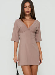 Reyya 3/4 Sleeve V Neck Mini Dress Taupe