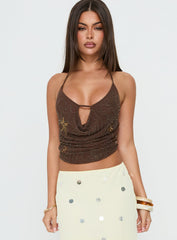 Danee Beaded Mesh Halter Top Brown