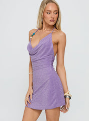 Indi Halter Cowl Neck Mini Dress Purple Shimmer